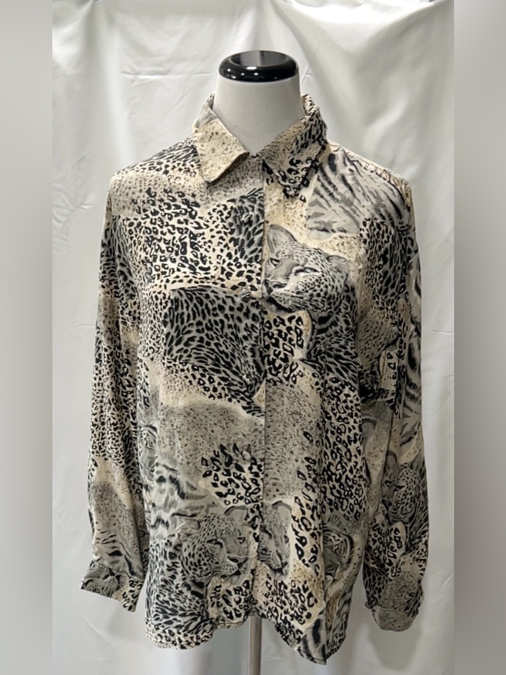Fu Da Fine Silk Vintage 100% Silk Animal Print Button Down Shirt Blouse XL
